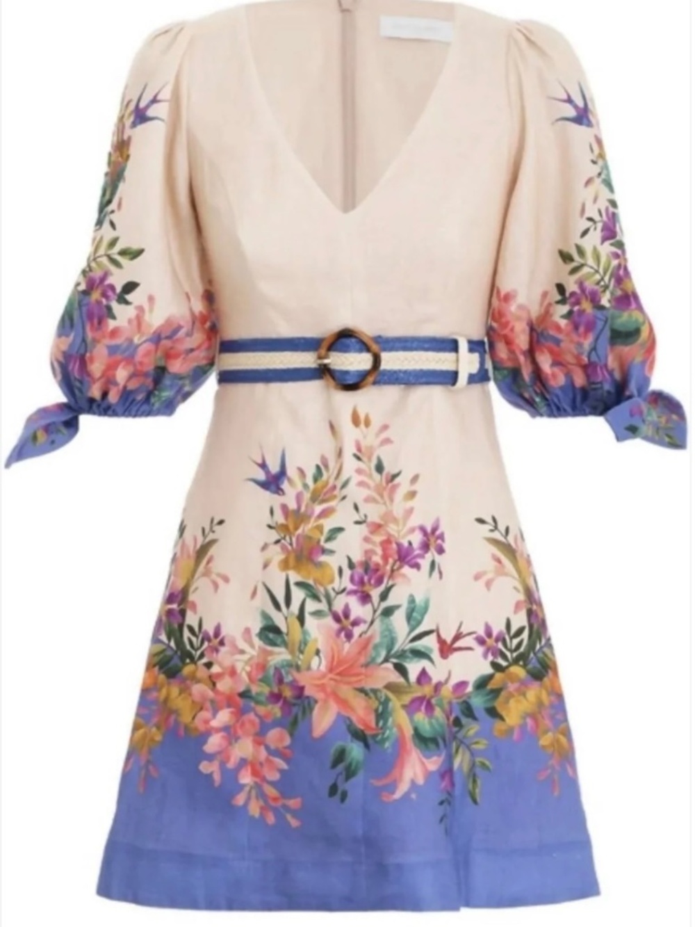 Zimmermann Tropicana Tie Sleeve Mini Floral Linen Belted Dress Size 0 AU / US 2 - Picture 2 of 11
